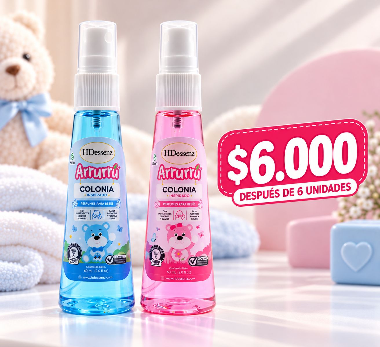 Colonia Arrurú para bebés de 60 ml, en azul y rosado, a $6.000 después de 6 unidades